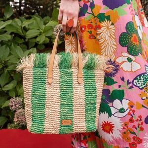 FRANCES VALENTINE Alfie French Straw & Leather‎ Tote Bag, Green Stripe, NWT